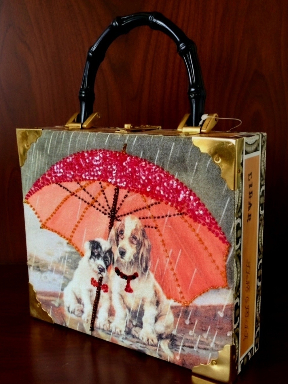 NEW - Vintage Braciano Fine Cigar Wood Box Purse - Dogs